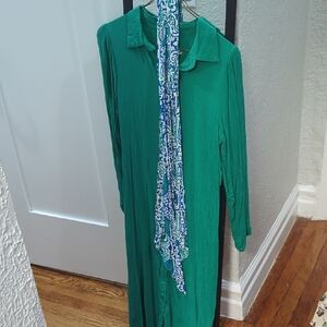 Vibrant Green Dress with Patterned Scarf